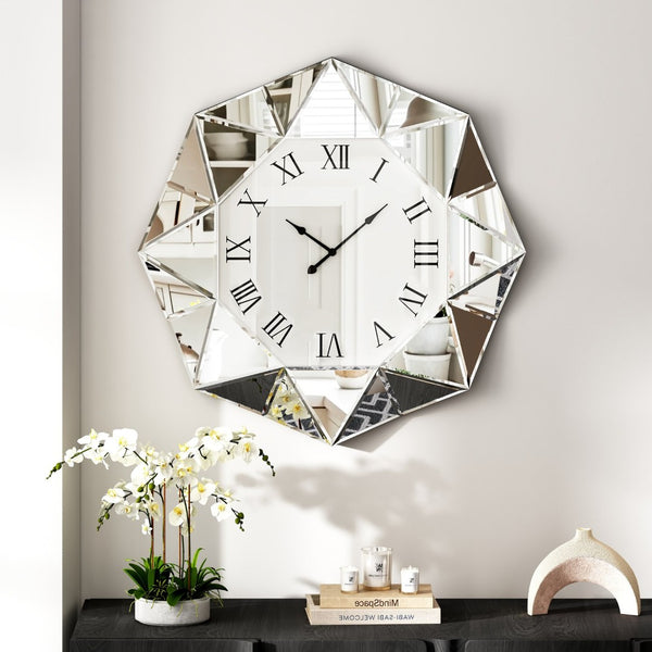 HomeRoots 26" Silver Mirrored Wall Clock - Modern Geometric Design, Silent Movement, Perfect for Any Room Decor 635637