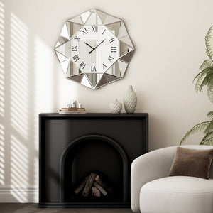 HomeRoots 26" Silver Mirrored Wall Clock - Modern Geometric Design, Silent Movement, Perfect for Any Room Decor 635637