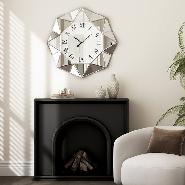 HomeRoots 26" Silver Mirrored Wall Clock - Modern Geometric Design, Silent Movement, Perfect for Any Room Decor 635637