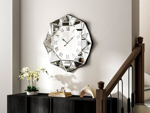 HomeRoots 26" Silver Mirrored Wall Clock - Modern Geometric Design, Silent Movement, Perfect for Any Room Decor 635637