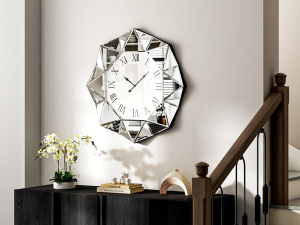 HomeRoots 26" Silver Mirrored Wall Clock - Modern Geometric Design, Silent Movement, Perfect for Any Room Decor 635637