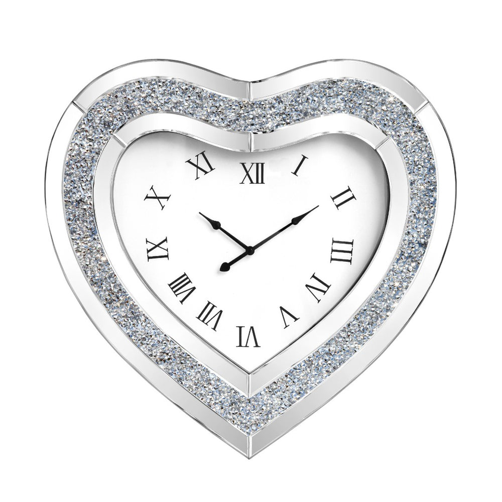 HomeRoots 27" Heart-Shaped Silver Faux Crystal & Mirrored Glass Silent Wall Clock - Glamorous Home Accent 635638