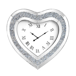 HomeRoots 27" Heart-Shaped Silver Faux Crystal & Mirrored Glass Silent Wall Clock - Glamorous Home Accent 635638
