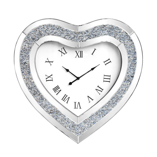 HomeRoots 27" Heart-Shaped Silver Faux Crystal & Mirrored Glass Silent Wall Clock - Glamorous Home Accent 635638