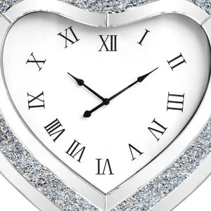 HomeRoots 27" Heart-Shaped Silver Faux Crystal & Mirrored Glass Silent Wall Clock - Glamorous Home Accent 635638