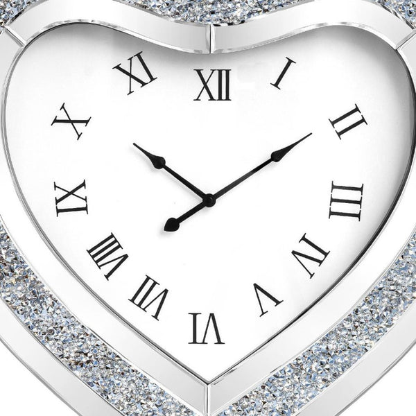 HomeRoots 27" Heart-Shaped Silver Faux Crystal & Mirrored Glass Silent Wall Clock - Glamorous Home Accent 635638