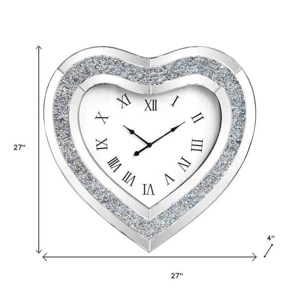 HomeRoots 27" Heart-Shaped Silver Faux Crystal & Mirrored Glass Silent Wall Clock - Glamorous Home Accent 635638