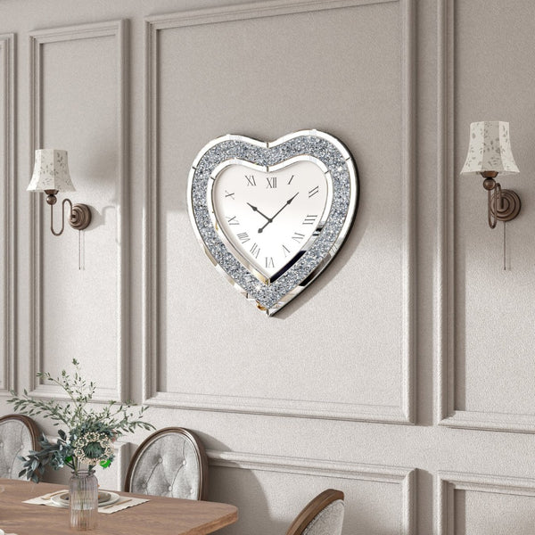 HomeRoots 27" Heart-Shaped Silver Faux Crystal & Mirrored Glass Silent Wall Clock - Glamorous Home Accent 635638