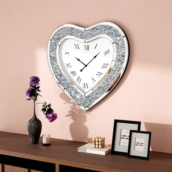 HomeRoots 27" Heart-Shaped Silver Faux Crystal & Mirrored Glass Silent Wall Clock - Glamorous Home Accent 635638