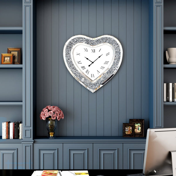 HomeRoots 27" Heart-Shaped Silver Faux Crystal & Mirrored Glass Silent Wall Clock - Glamorous Home Accent 635638