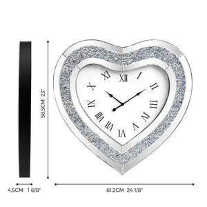 HomeRoots 27" Heart-Shaped Silver Faux Crystal & Mirrored Glass Silent Wall Clock - Glamorous Home Accent 635638