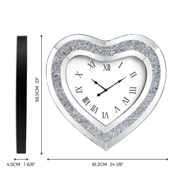 HomeRoots 27" Heart-Shaped Silver Faux Crystal & Mirrored Glass Silent Wall Clock - Glamorous Home Accent 635638
