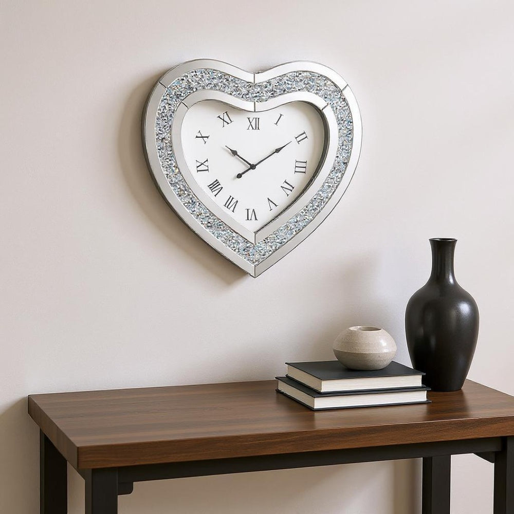 HomeRoots 27" Heart-Shaped Silver Faux Crystal & Mirrored Glass Silent Wall Clock - Glamorous Home Accent 635638