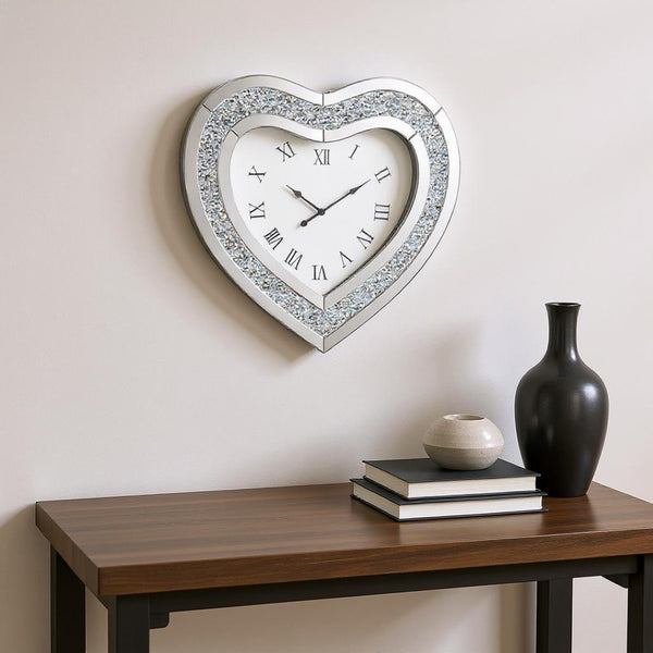HomeRoots 27" Heart-Shaped Silver Faux Crystal & Mirrored Glass Silent Wall Clock - Glamorous Home Accent 635638