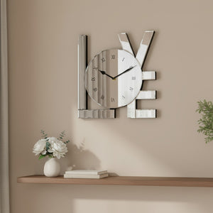 HomeRoots 11" Silver Mirrored Glass Love Wall Clock - Elegant Romance with Classic Roman Numerals & Sparkle Decor 635639