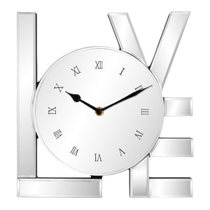 HomeRoots 11" Silver Mirrored Glass Love Wall Clock - Elegant Romance with Classic Roman Numerals & Sparkle Decor 635639