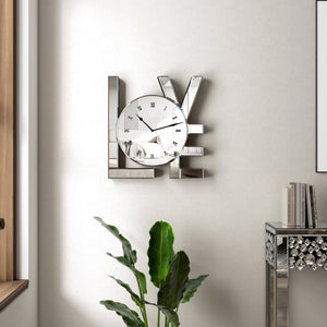 HomeRoots 11" Silver Mirrored Glass Love Wall Clock - Elegant Romance with Classic Roman Numerals & Sparkle Decor 635639