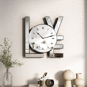 HomeRoots 11" Silver Mirrored Glass Love Wall Clock - Elegant Romance with Classic Roman Numerals & Sparkle Decor 635639