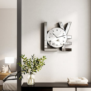HomeRoots 11" Silver Mirrored Glass Love Wall Clock - Elegant Romance with Classic Roman Numerals & Sparkle Decor 635639