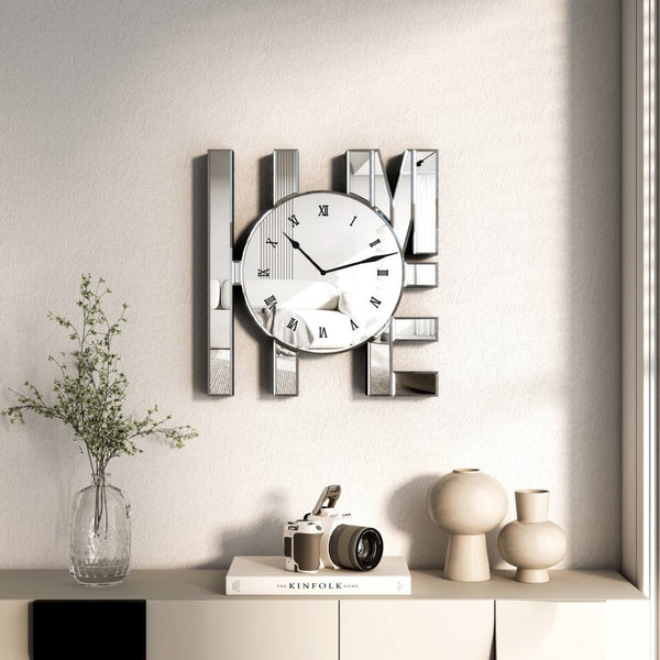 HomeRoots 14" Silver Mirrored Glass Home Wall Clock - Elegant Silent Analog Timepiece for Modern Decor 635640