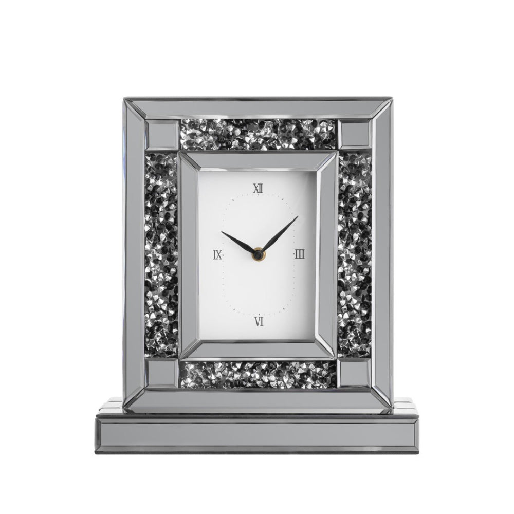 HomeRoots 16" Glamorous Silver and Black Faux Crystal Mirrored Glass Table Clock for Chic Home Décor 635641
