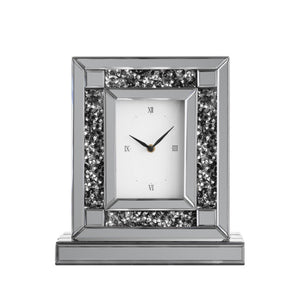 HomeRoots 16" Glamorous Silver and Black Faux Crystal Mirrored Glass Table Clock for Chic Home Décor 635641