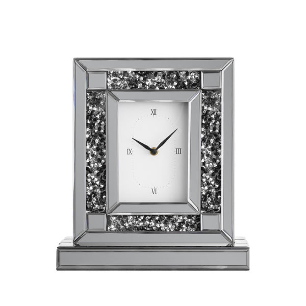 HomeRoots 16" Glamorous Silver and Black Faux Crystal Mirrored Glass Table Clock for Chic Home Décor 635641