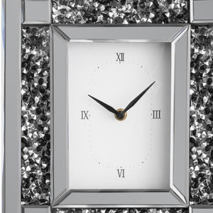 HomeRoots 16" Glamorous Silver and Black Faux Crystal Mirrored Glass Table Clock for Chic Home Décor 635641
