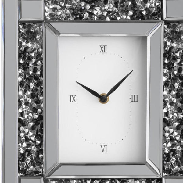 HomeRoots 16" Glamorous Silver and Black Faux Crystal Mirrored Glass Table Clock for Chic Home Décor 635641