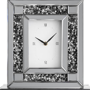 HomeRoots 16" Glamorous Silver and Black Faux Crystal Mirrored Glass Table Clock for Chic Home Décor 635641