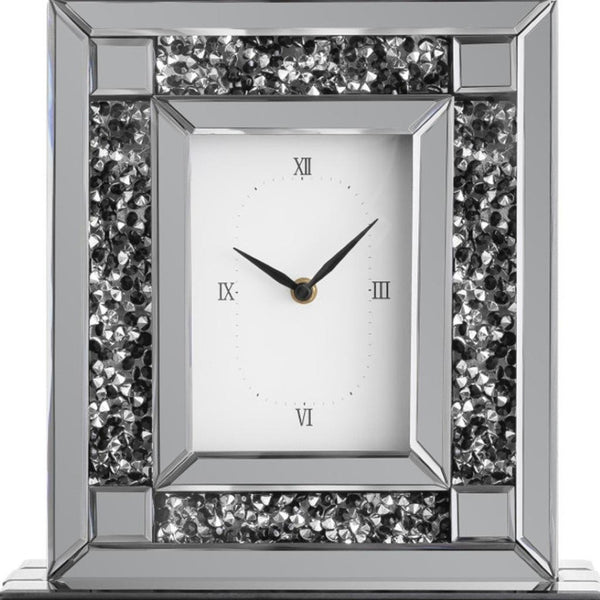 HomeRoots 16" Glamorous Silver and Black Faux Crystal Mirrored Glass Table Clock for Chic Home Décor 635641