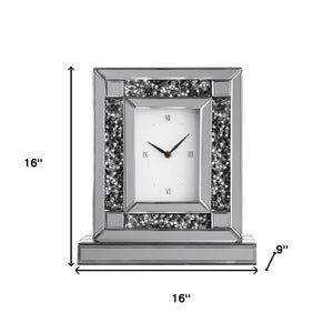 HomeRoots 16" Glamorous Silver and Black Faux Crystal Mirrored Glass Table Clock for Chic Home Décor 635641