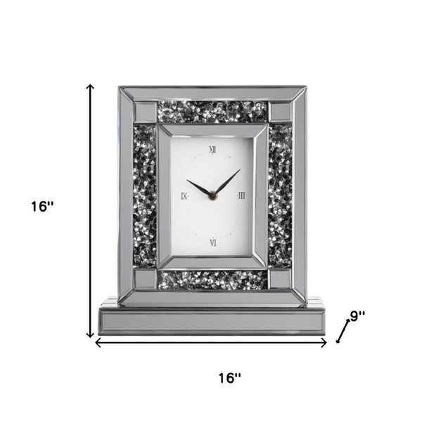 HomeRoots 16" Glamorous Silver and Black Faux Crystal Mirrored Glass Table Clock for Chic Home Décor 635641