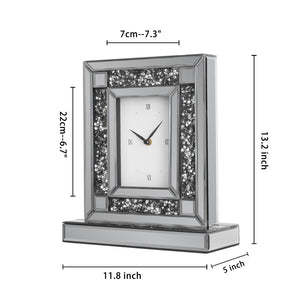 HomeRoots 16" Glamorous Silver and Black Faux Crystal Mirrored Glass Table Clock for Chic Home Décor 635641