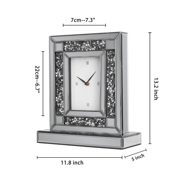 HomeRoots 16" Glamorous Silver and Black Faux Crystal Mirrored Glass Table Clock for Chic Home Décor 635641