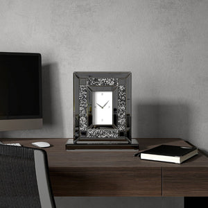 HomeRoots 16" Glamorous Silver and Black Faux Crystal Mirrored Glass Table Clock for Chic Home Décor 635641