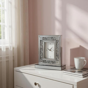 HomeRoots 16" Glamorous Silver and Black Faux Crystal Mirrored Glass Table Clock for Chic Home Décor 635641