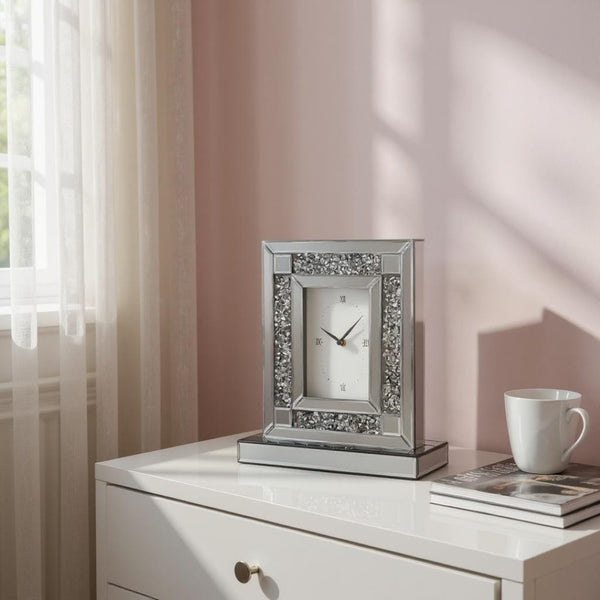 HomeRoots 16" Glamorous Silver and Black Faux Crystal Mirrored Glass Table Clock for Chic Home Décor 635641