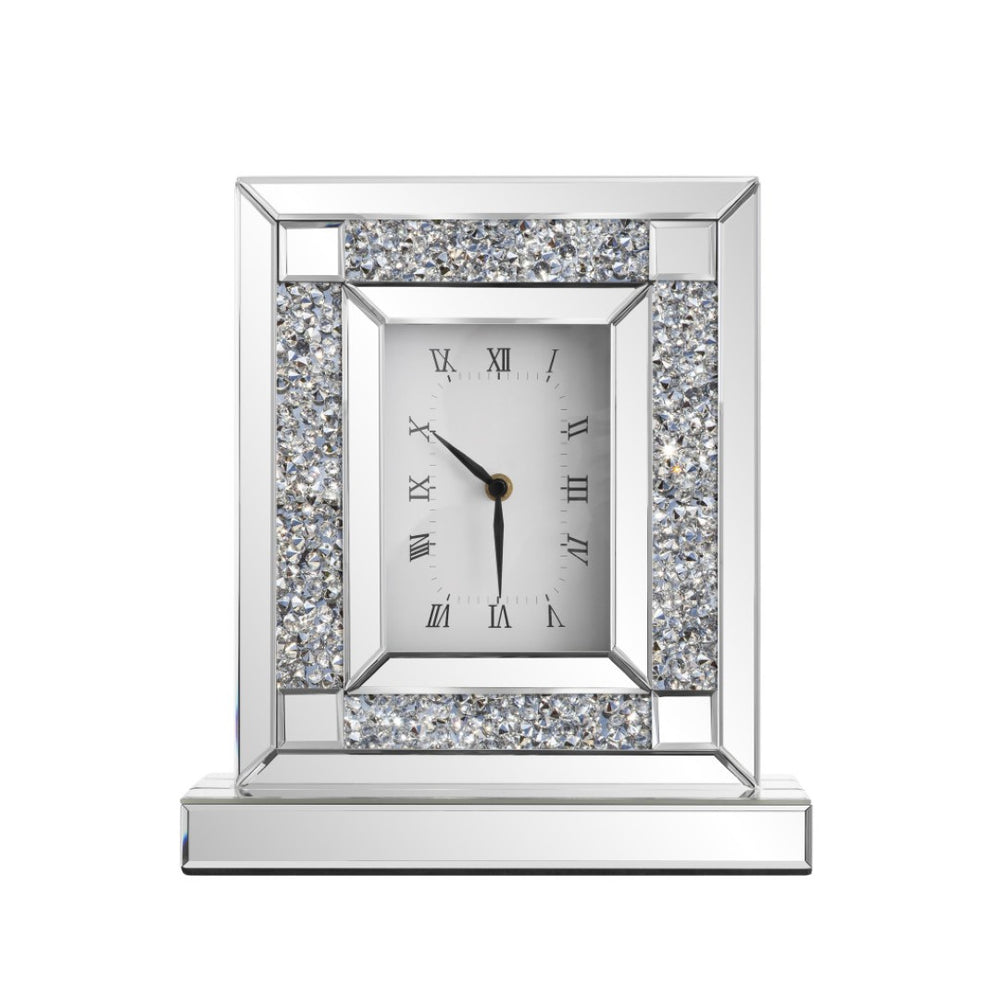 HomeRoots 16" Glamorous Silver and White Faux Crystal Mirrored Glass Table Clock for Stylish Home Decor 635642