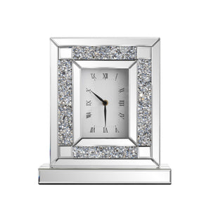HomeRoots 16" Glamorous Silver and White Faux Crystal Mirrored Glass Table Clock for Stylish Home Decor 635642