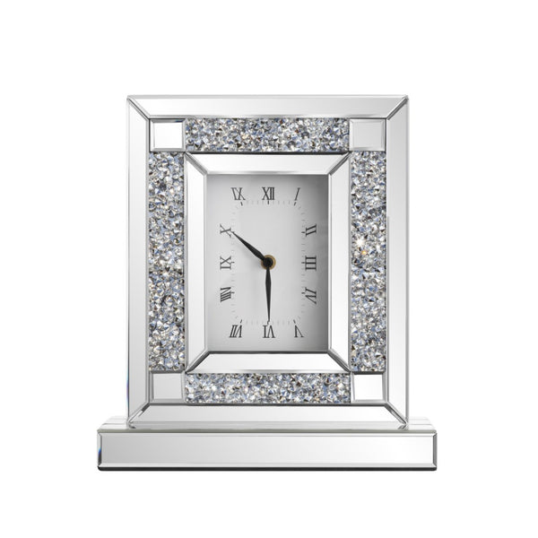 HomeRoots 16" Glamorous Silver and White Faux Crystal Mirrored Glass Table Clock for Stylish Home Decor 635642