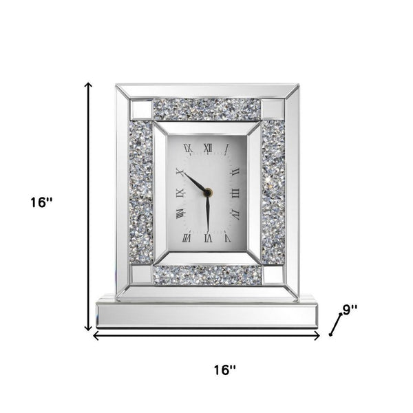 HomeRoots 16" Glamorous Silver and White Faux Crystal Mirrored Glass Table Clock for Stylish Home Decor 635642