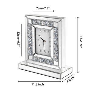 HomeRoots 16" Glamorous Silver and White Faux Crystal Mirrored Glass Table Clock for Stylish Home Decor 635642
