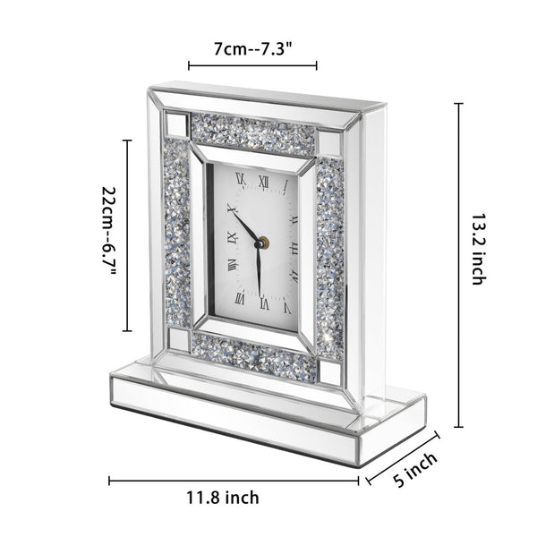 HomeRoots 16" Glamorous Silver and White Faux Crystal Mirrored Glass Table Clock for Stylish Home Decor 635642