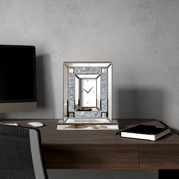HomeRoots 16" Glamorous Silver and White Faux Crystal Mirrored Glass Table Clock for Stylish Home Decor 635642