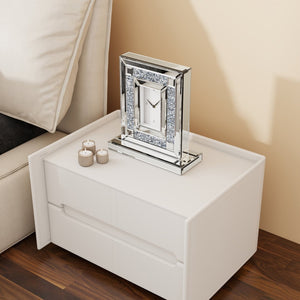 HomeRoots 16" Glamorous Silver and White Faux Crystal Mirrored Glass Table Clock for Stylish Home Decor 635642