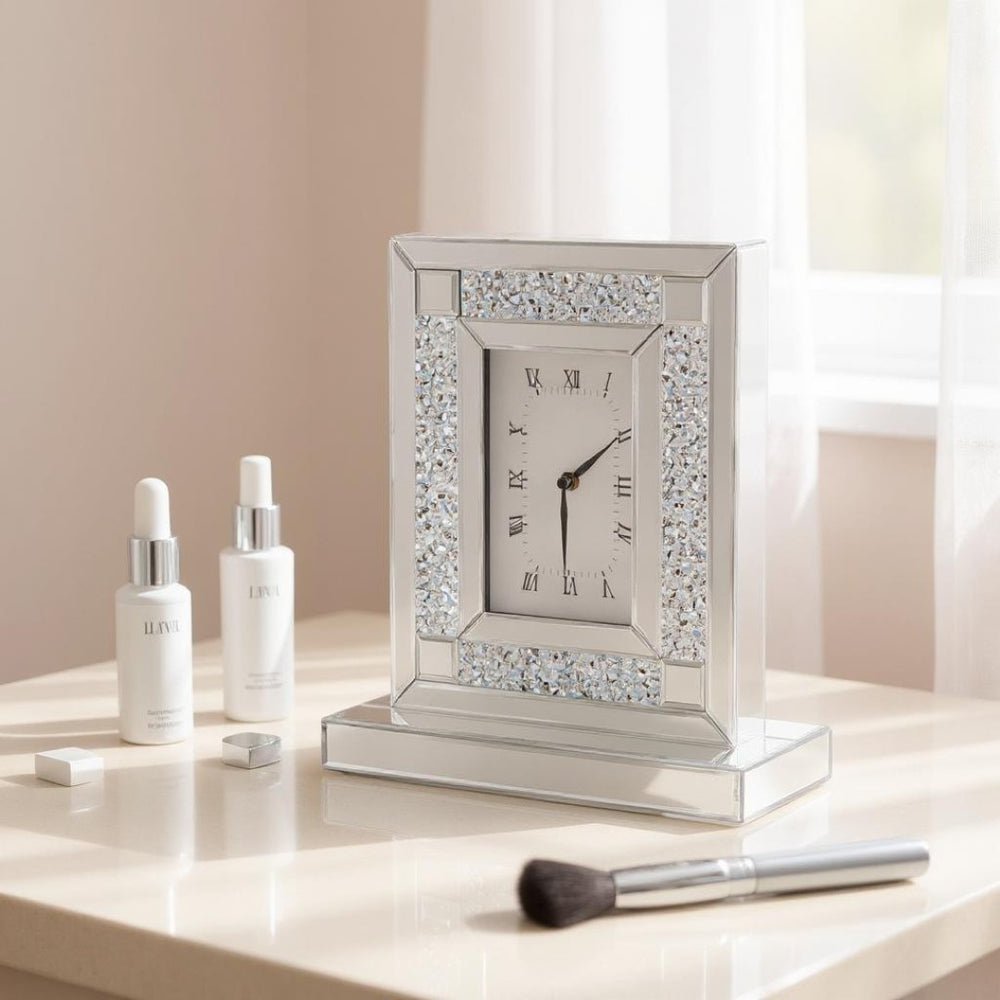 HomeRoots 16" Glamorous Silver and White Faux Crystal Mirrored Glass Table Clock for Stylish Home Decor 635642