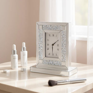 HomeRoots 16" Glamorous Silver and White Faux Crystal Mirrored Glass Table Clock for Stylish Home Decor 635642