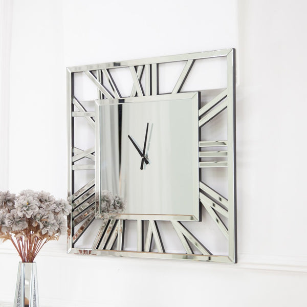 HomeRoots 27" Silver Mirrored Glass Silent Analog Square Wall Clock - Modern Elegance for Any Room Decor 635643