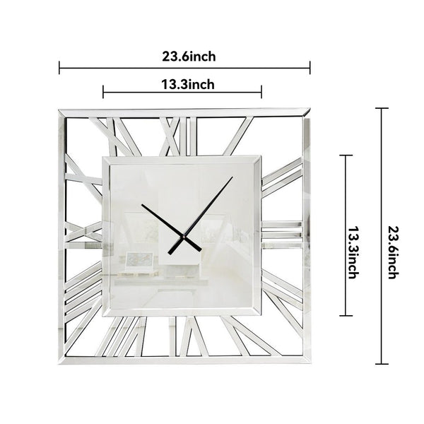 HomeRoots 27" Silver Mirrored Glass Silent Analog Square Wall Clock - Modern Elegance for Any Room Decor 635643
